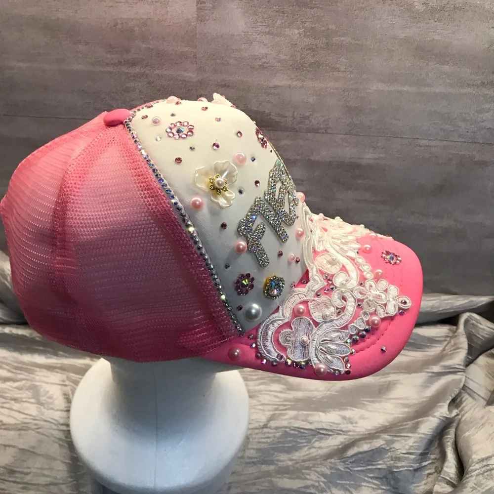 Embellished Pink and White Women’s Trucker Hat - Picture 11 of 11